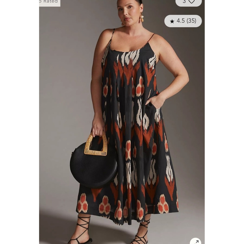 Anthropologie Black Maxi Dress with Rust and Cream Ikat Print